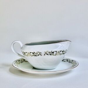 Mid 20th C. Green and White Bell Flower Fine China Gravy Boat & Saucer